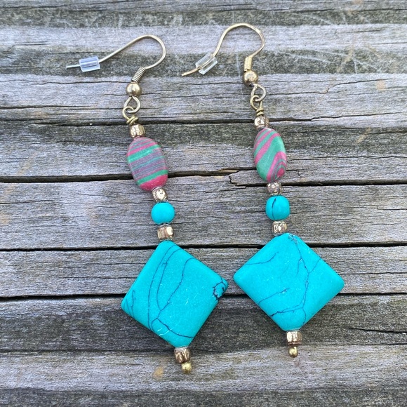 Turquoise beaded drop earrings brass tone genuine stone Canyon Sky - Picture 1 of 6